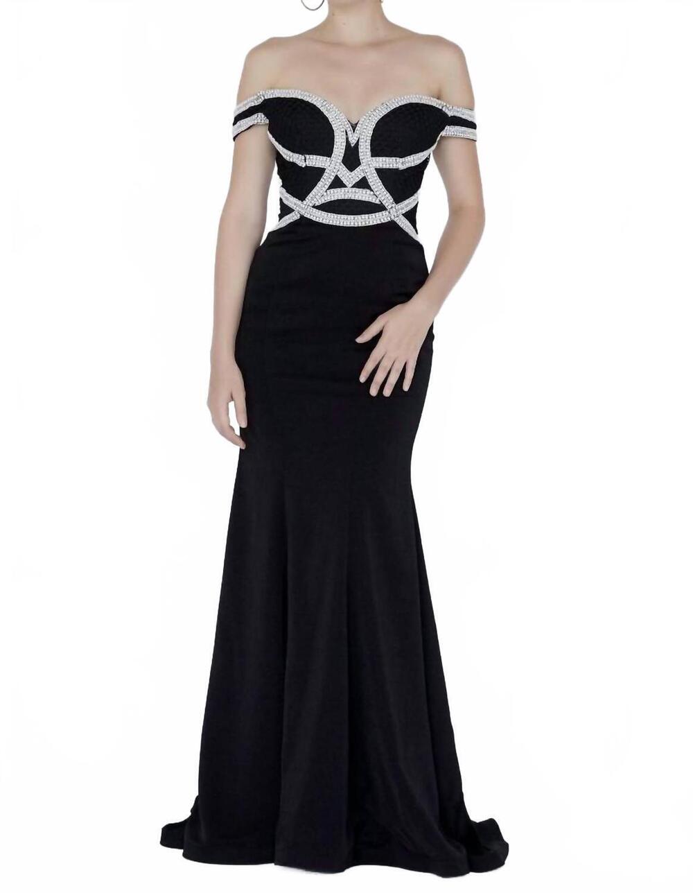 NEW JOSH & JAZZ off the shoulder embellished crepe prom dress in black/off-white